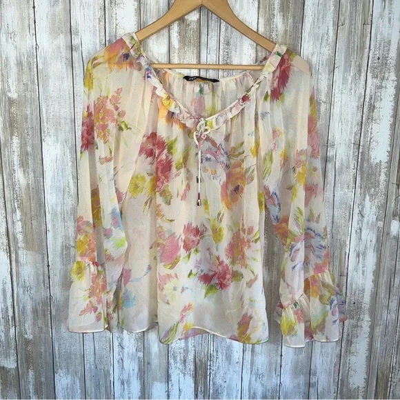 Zara Sheer Floral Peasant Blouse Bell Sleeve Boho Tie Neck Top Women’s M - Picture 2 of 7